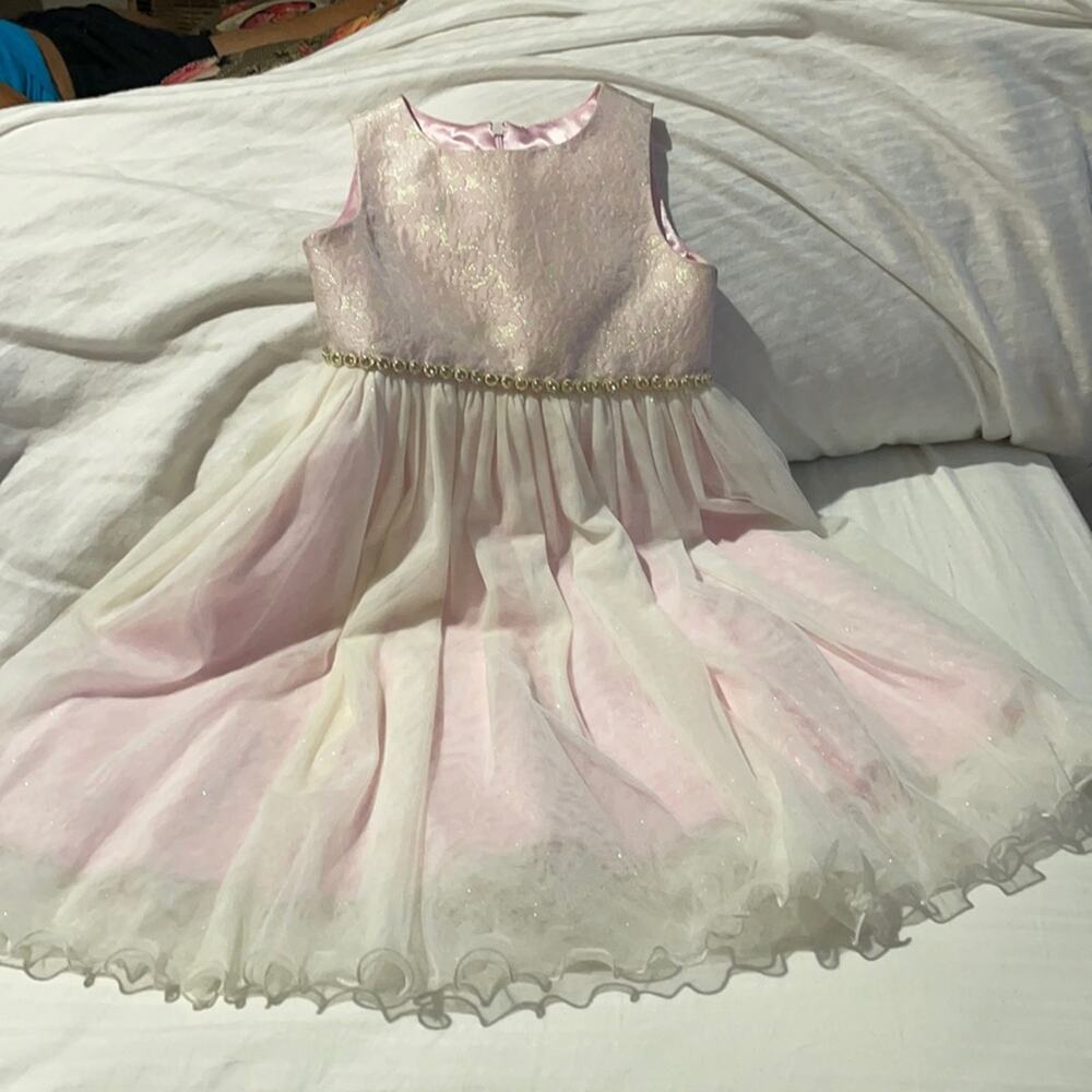 American Princess 4 dress cream sparkles pink brocade jeweled belt worn once euc